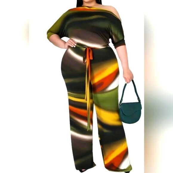 Women's Plus size colorful belted Jumpsuit Sz 2x - Picture 2 of 4